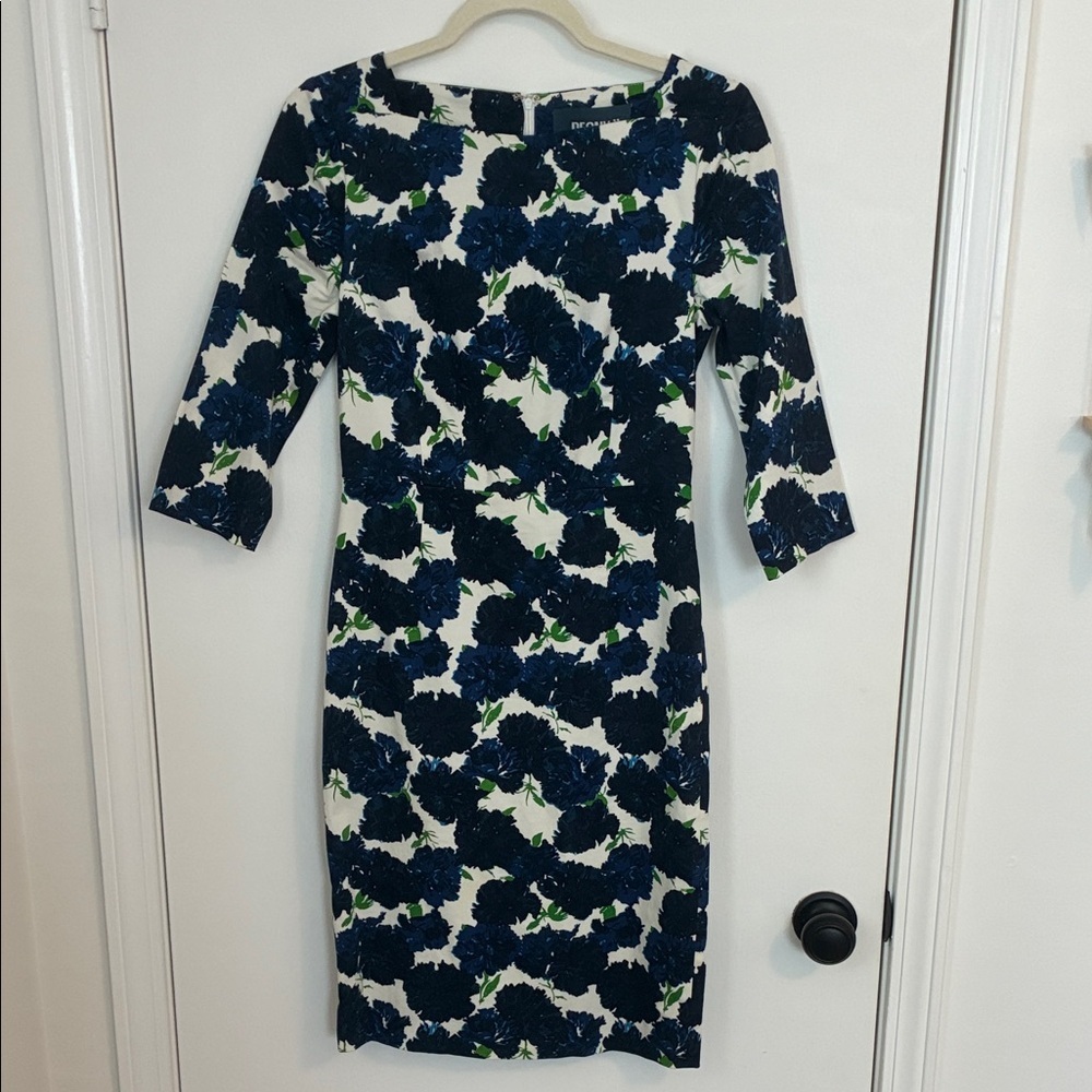 Peony Floral Navy and White Sheath Dress 3/4 Sleeve